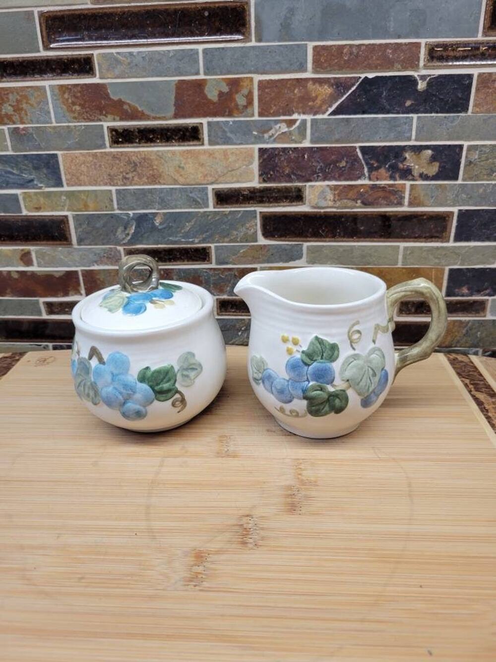 Vintage Metlox Poppytrail Sculptured Grape Sugar Bowl and Creamer Set